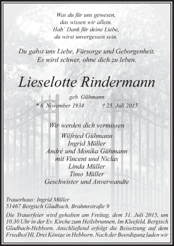 Anzeige von Lieselotte Rindermann von  Bergisches Handelsblatt 