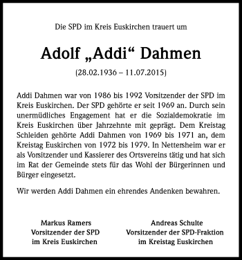 Anzeige von Adolf Dahmen von Kölner Stadt-Anzeiger / Kölnische Rundschau / Express