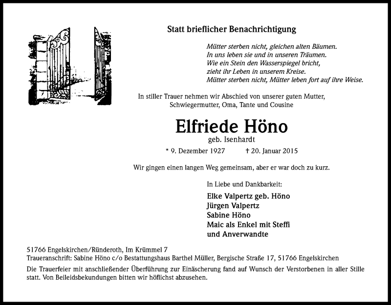  Traueranzeige für Elfriede Höno vom 24.01.2015 aus Kölner Stadt-Anzeiger / Kölnische Rundschau / Express