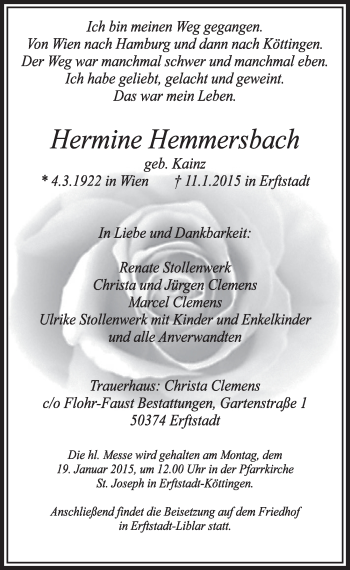 Anzeige von Hermine Hemmersbach von  Sonntags-Post 