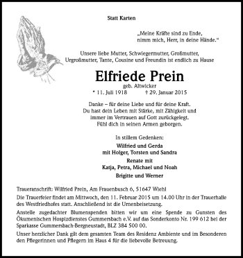 Anzeige von Elfriede Prein von Kölner Stadt-Anzeiger / Kölnische Rundschau / Express