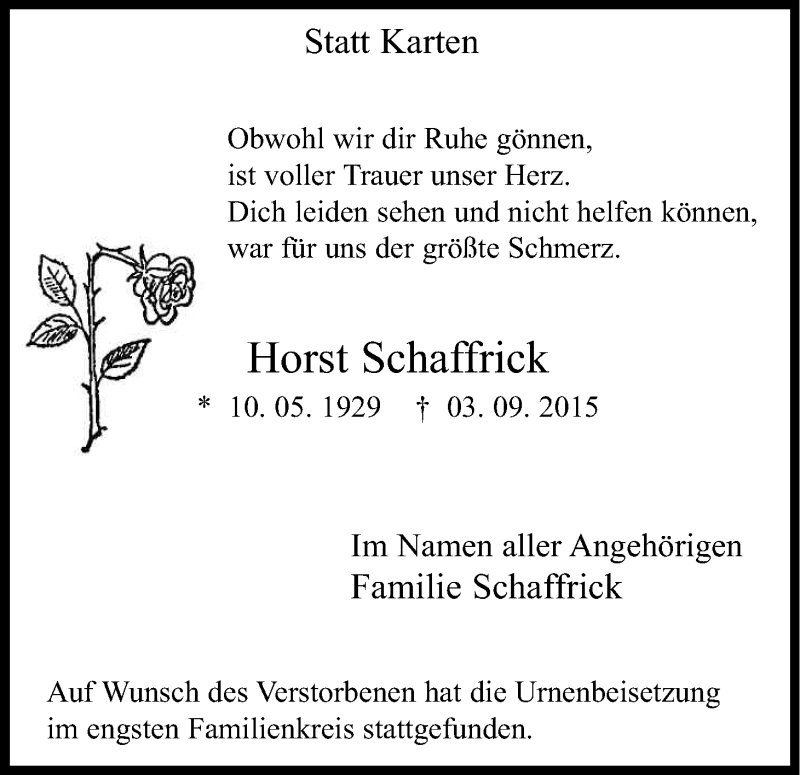 Traueranzeige für Horst Schaffrick vom 02.10.2015 aus Kölner Stadt-Anzeiger / Kölnische Rundschau / Express