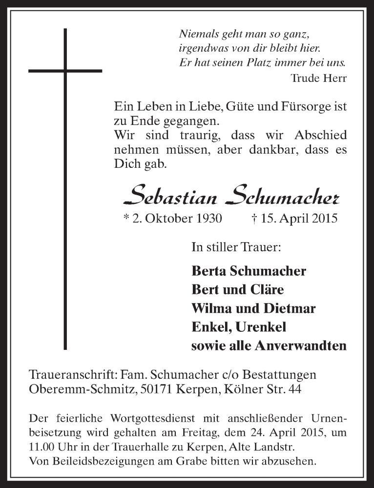  Traueranzeige für Sebastian Schumacher vom 22.04.2015 aus  Werbepost 