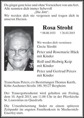 Anzeige von Rosa Stroth von  Sonntags-Post 