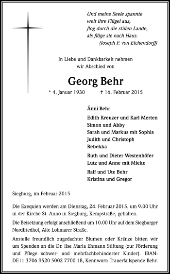 Anzeige von Georg Behr von Kölner Stadt-Anzeiger / Kölnische Rundschau / Express