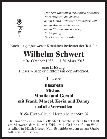 Anzeige von Wilhelm Schwert von  Wochenende 