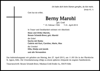 Anzeige von Berny Marohl von Kölner Stadt-Anzeiger / Kölnische Rundschau / Express