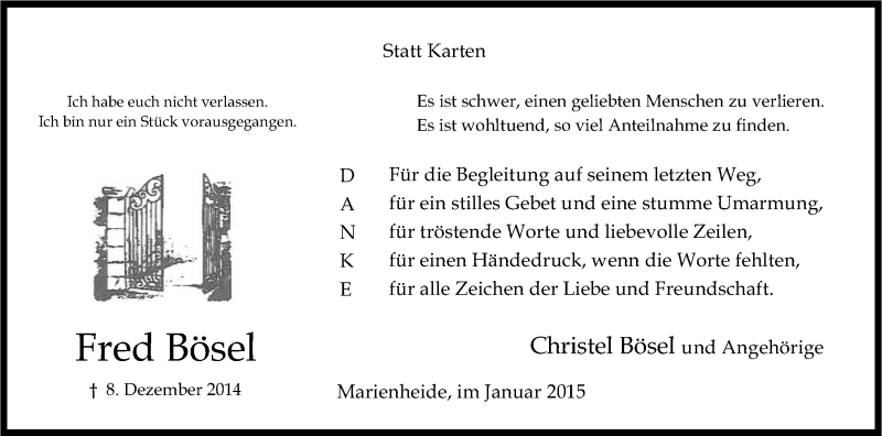 Traueranzeige für Fred Bösel vom 27.01.2015 aus Kölner Stadt-Anzeiger / Kölnische Rundschau / Express
