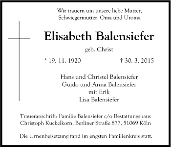 Anzeige von Elisabeth Balensiefer von Kölner Stadt-Anzeiger / Kölnische Rundschau / Express