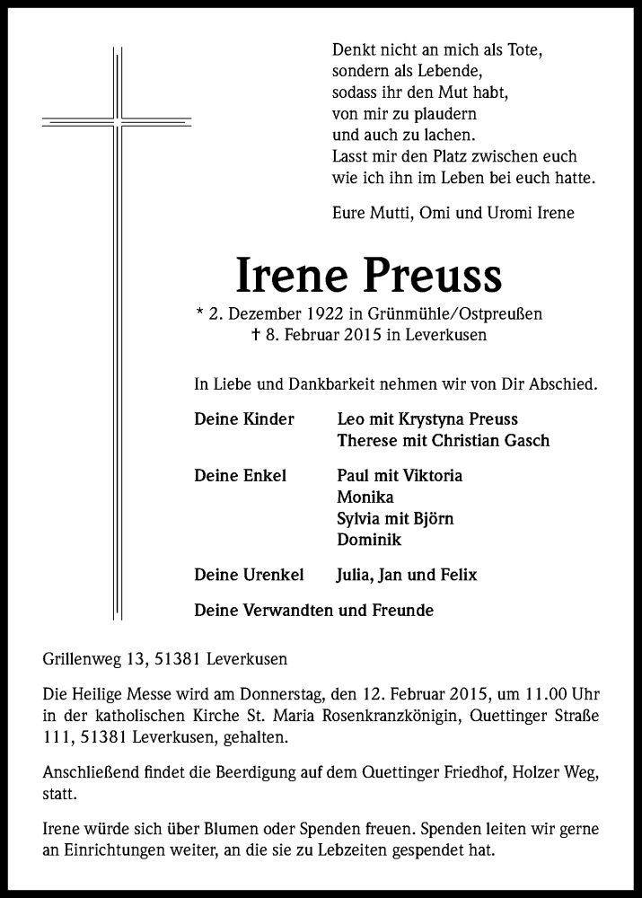  Traueranzeige für Irene Preuss vom 11.02.2015 aus Kölner Stadt-Anzeiger / Kölnische Rundschau / Express