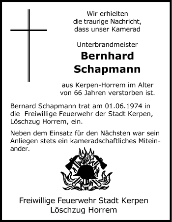 Anzeige von Bernhard Schapmann von Kölner Stadt-Anzeiger / Kölnische Rundschau / Express