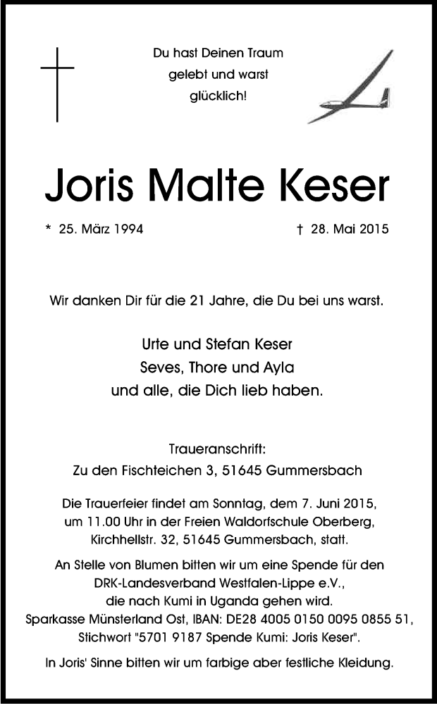  Traueranzeige für Joris Malte Keser vom 04.06.2015 aus Kölner Stadt-Anzeiger / Kölnische Rundschau / Express