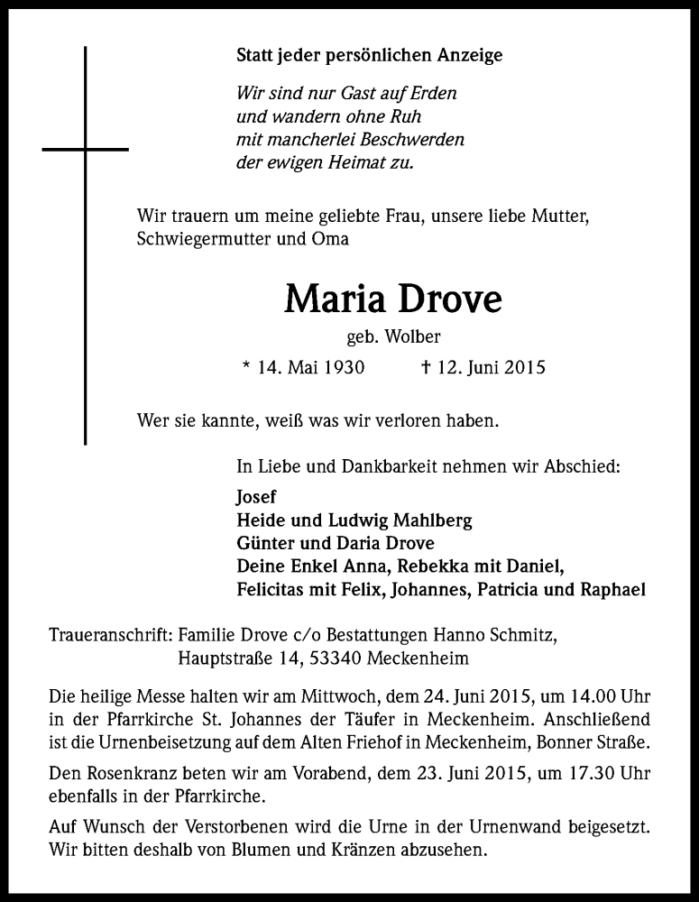  Traueranzeige für Maria Drove vom 20.06.2015 aus Kölner Stadt-Anzeiger / Kölnische Rundschau / Express
