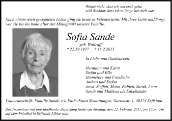 Anzeige von Sofia Sande von Kölner Stadt-Anzeiger / Kölnische Rundschau / Express