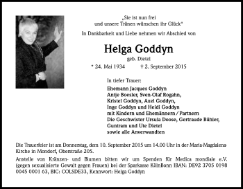 Anzeige von Helga Goddyn von Kölner Stadt-Anzeiger / Kölnische Rundschau / Express
