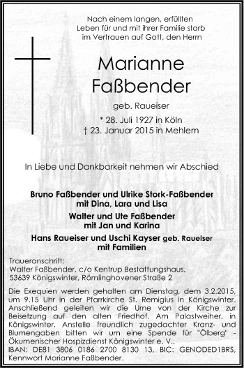 Anzeige von Marianne Faßbender von Kölner Stadt-Anzeiger / Kölnische Rundschau / Express