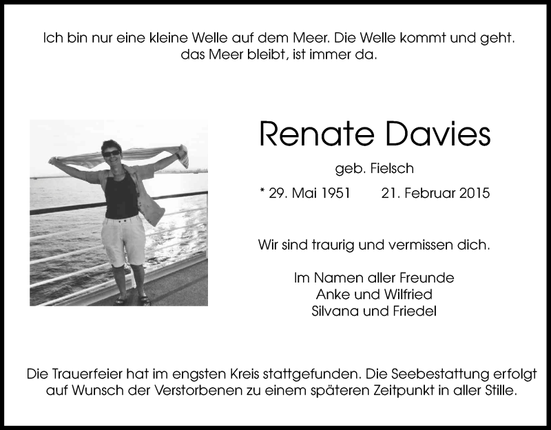  Traueranzeige für Renate Davies vom 28.02.2015 aus Kölner Stadt-Anzeiger / Kölnische Rundschau / Express