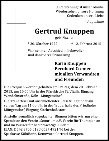 Anzeige von Gertrud Knuppen von Kölner Stadt-Anzeiger / Kölnische Rundschau / Express