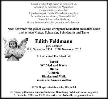 Anzeige von Edith Feldmann von Kölner Stadt-Anzeiger / Kölnische Rundschau / Express