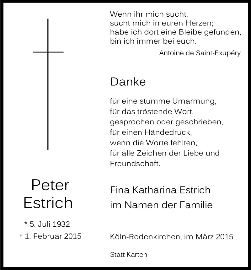  Traueranzeige für Peter Estrich vom 25.03.2015 aus Kölner Stadt-Anzeiger / Kölnische Rundschau / Express