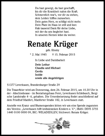 Anzeige von Renate Krüger von Kölner Stadt-Anzeiger / Kölnische Rundschau / Express
