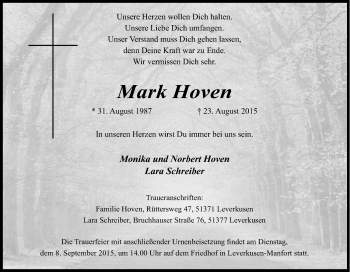 Anzeige von Mark Hoven von Kölner Stadt-Anzeiger / Kölnische Rundschau / Express