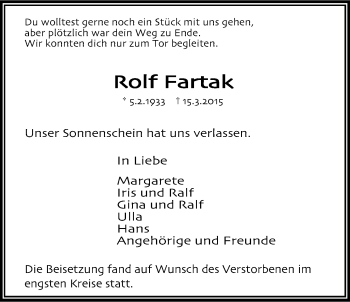 Anzeige von Rolf Fartak von Kölner Stadt-Anzeiger / Kölnische Rundschau / Express