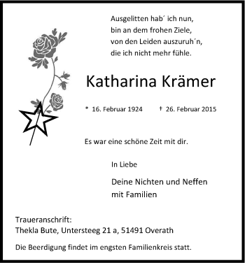 Anzeige von Katharina Krämer von Kölner Stadt-Anzeiger / Kölnische Rundschau / Express