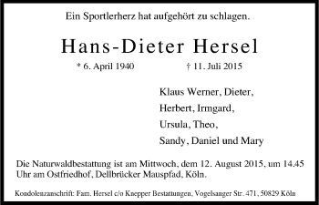 Anzeige von Hans-Dieter Hersel von Kölner Stadt-Anzeiger / Kölnische Rundschau / Express