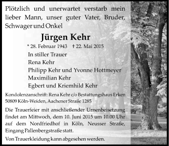Anzeige von Jürgen Kehr von Kölner Stadt-Anzeiger / Kölnische Rundschau / Express