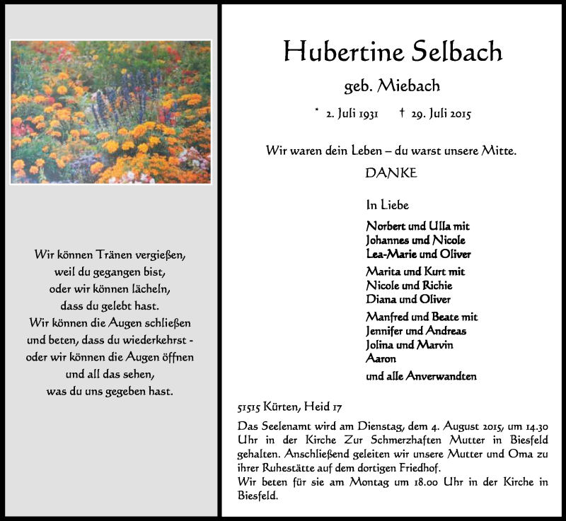  Traueranzeige für Hubertine Selbach vom 01.08.2015 aus Kölner Stadt-Anzeiger / Kölnische Rundschau / Express