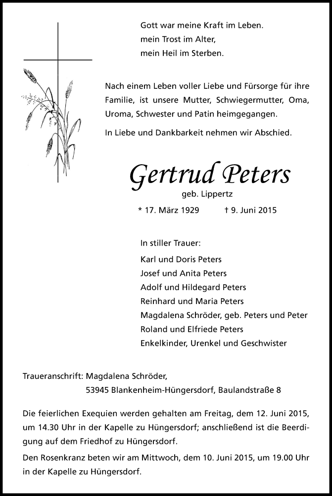  Traueranzeige für Gertrud Peters vom 10.06.2015 aus Kölner Stadt-Anzeiger / Kölnische Rundschau / Express