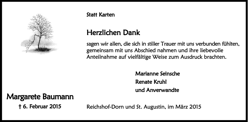  Traueranzeige für Margarete Baumann vom 14.03.2015 aus Kölner Stadt-Anzeiger / Kölnische Rundschau / Express