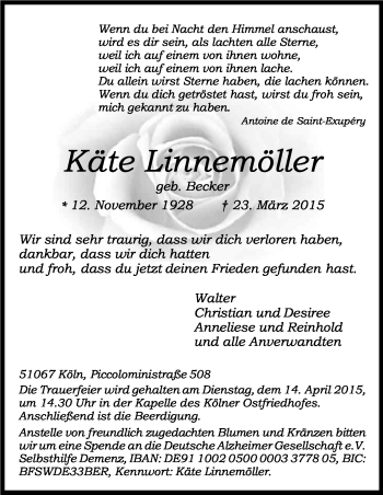 Anzeige von Käte Linnemöller von Kölner Stadt-Anzeiger / Kölnische Rundschau / Express