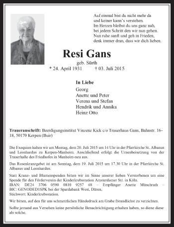 Anzeige von Resi Ganz von  Werbepost 