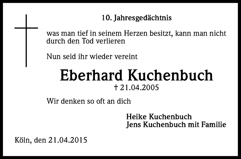  Traueranzeige für Eberhard Kuchenbuch vom 21.04.2015 aus Kölner Stadt-Anzeiger / Kölnische Rundschau / Express