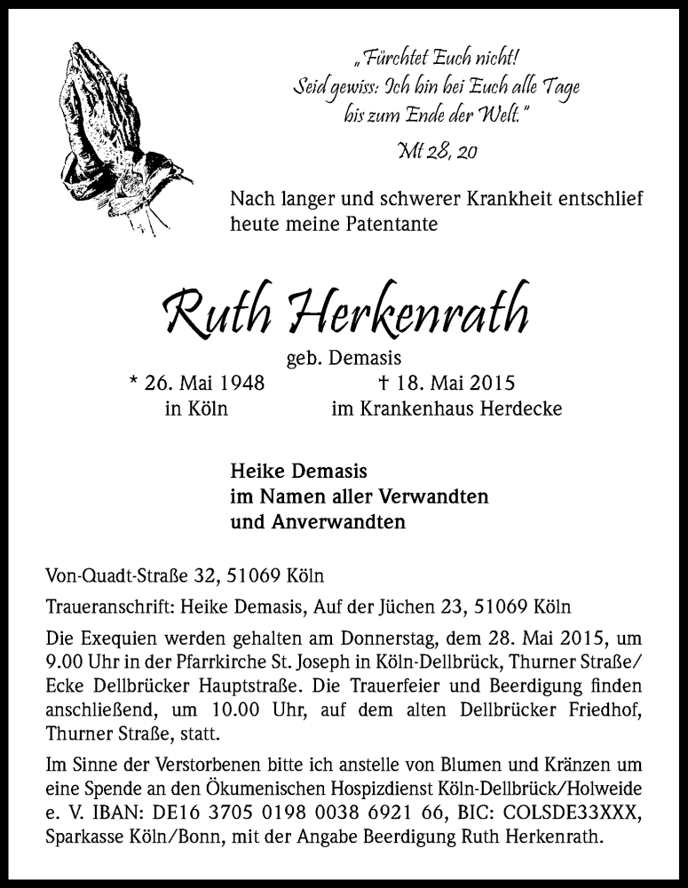  Traueranzeige für Ruth Herkenrath vom 23.05.2015 aus Kölner Stadt-Anzeiger / Kölnische Rundschau / Express