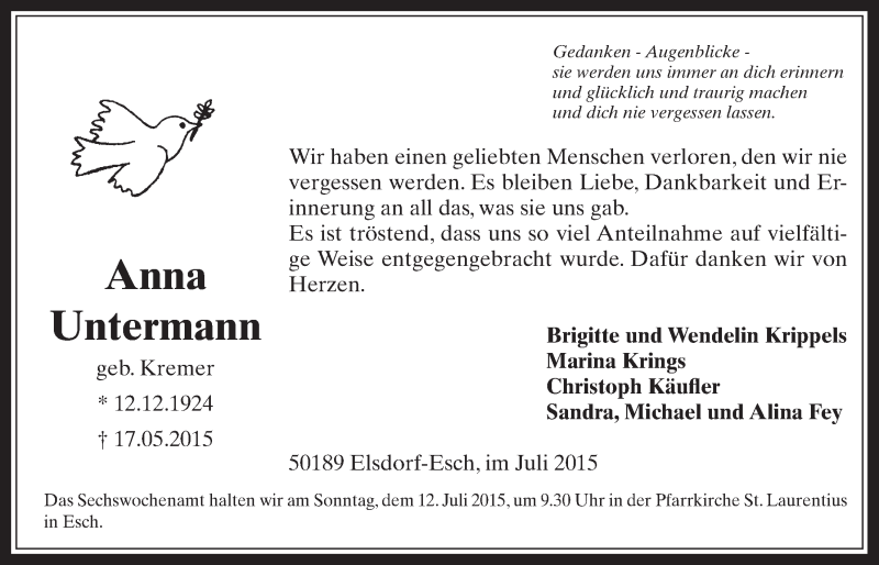  Traueranzeige für Anna Untermann vom 08.07.2015 aus  Werbepost 