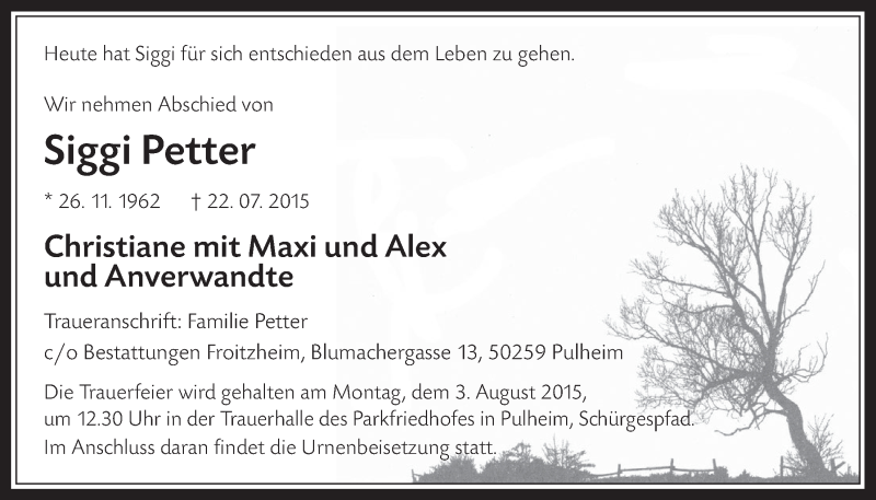  Traueranzeige für Siggi Petter vom 29.07.2015 aus  Wochenende 