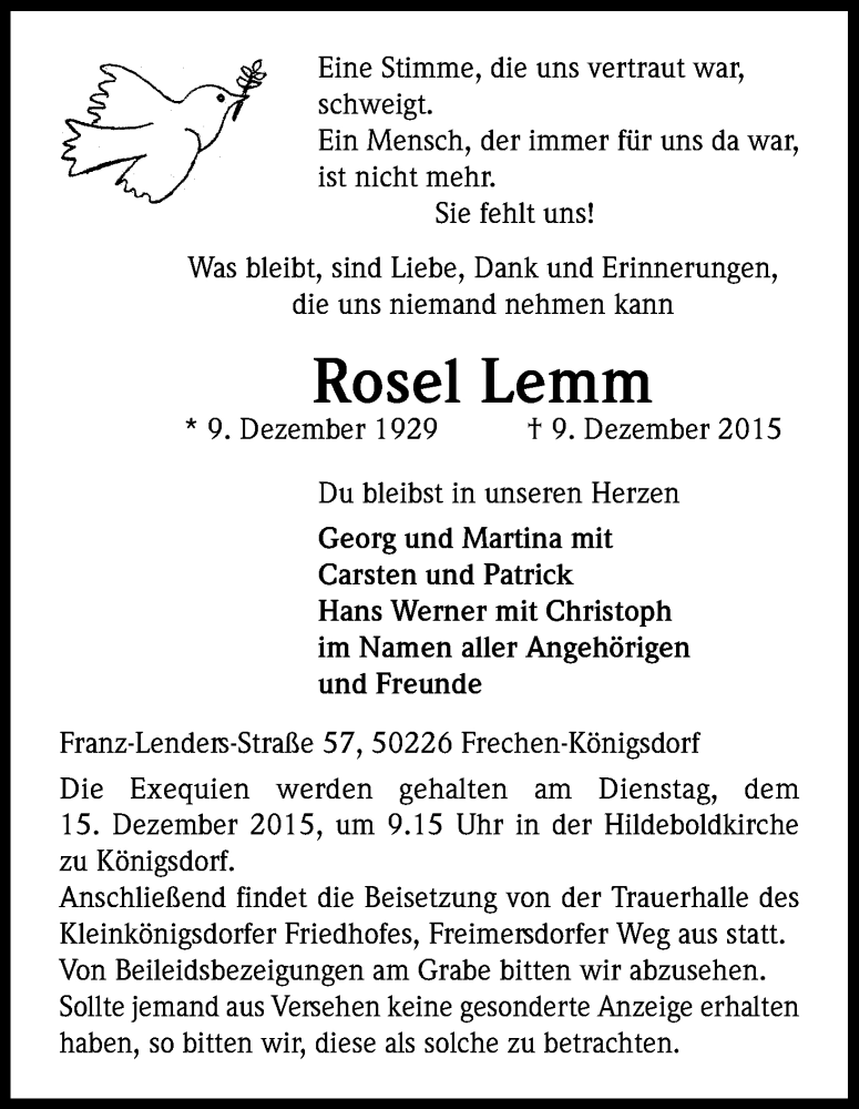  Traueranzeige für Rosel Lemm vom 12.12.2015 aus Kölner Stadt-Anzeiger / Kölnische Rundschau / Express