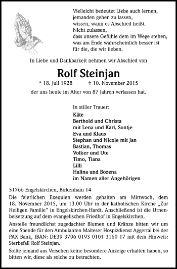 Anzeige von Rolf Steinjan von Köln - Wir Trauern