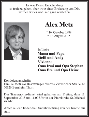 Anzeige von Alex Metz von  Sonntags-Post 