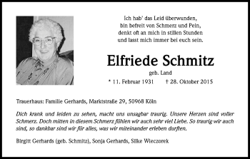 Anzeige von Elfriede Schmitz von Kölner Stadt-Anzeiger / Kölnische Rundschau / Express