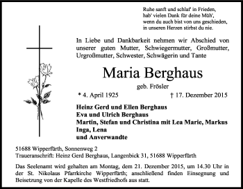 Anzeige von Maria Berghaus von Kölner Stadt-Anzeiger / Kölnische Rundschau / Express