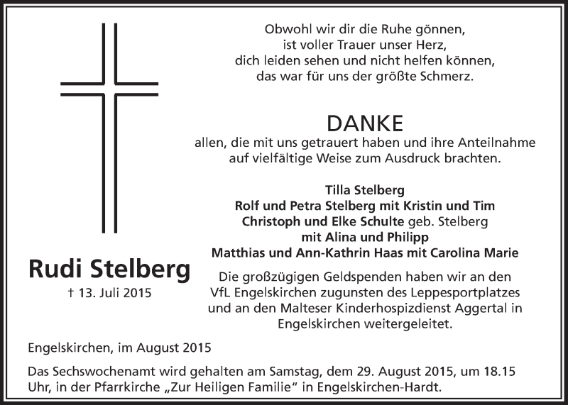  Traueranzeige für Rudi Stelberg vom 19.08.2015 aus  Anzeigen Echo 