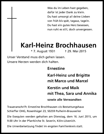 Anzeige von Karl-Heinz Brochhausen von Kölner Stadt-Anzeiger / Kölnische Rundschau / Express
