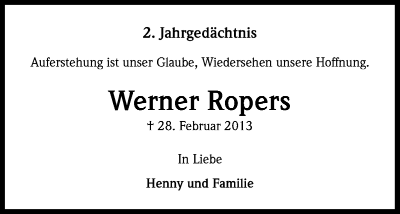  Traueranzeige für Werner Ropers vom 27.02.2015 aus Kölner Stadt-Anzeiger / Kölnische Rundschau / Express