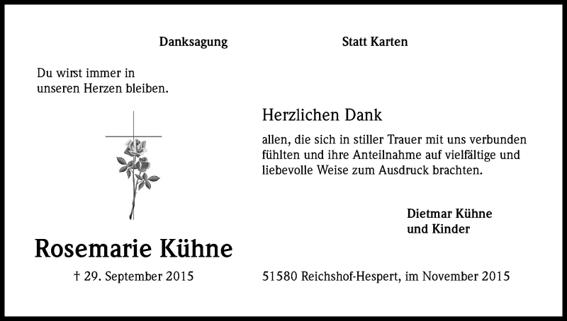  Traueranzeige für Rosemarie Kühne vom 14.11.2015 aus Köln - Wir Trauern