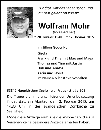 Anzeige von Wolfram Mohr von Kölner Stadt-Anzeiger / Kölnische Rundschau / Express