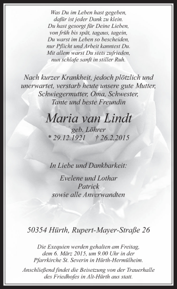 Anzeige von Maria van Lindt von  Wochenende 